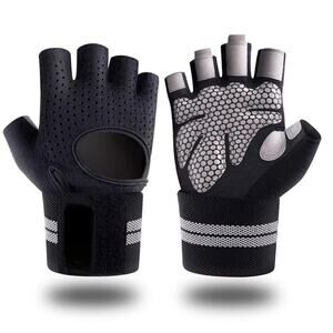 NEW Black & gray weightlifting fitness gloves with wrist wraps sz large L B113
